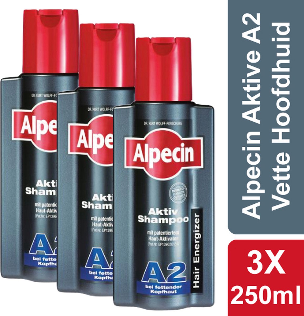 Alpecin Active Shampoo A2 - Voordeelverpakking 3x 250ml - Vermindert Vette Hoofdhuid - Hair Energizer - Voor Alle Haar en Hoofdhuid Types