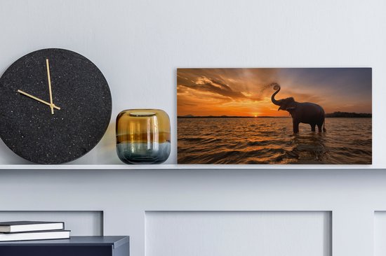 Toile - Éléphant - Coucher de soleil - Water - Décoration murale - 40x20 cm - Peintures sur toile - Toile canvas