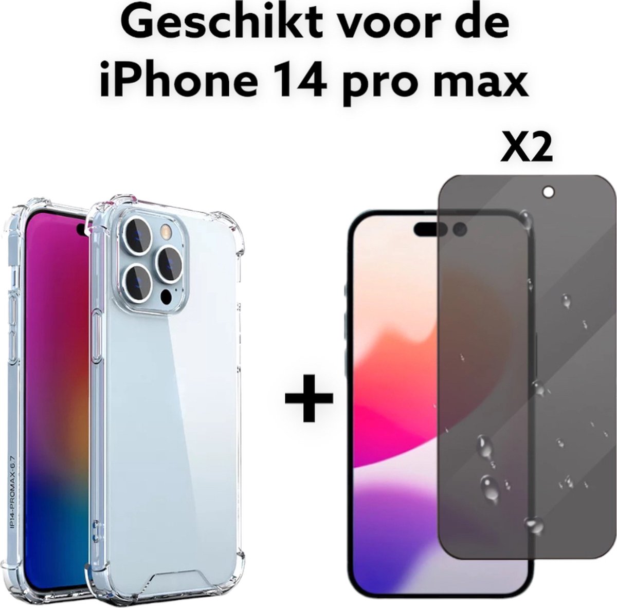 iPhone 14 pro max Hoesje Transparant + 2x privacy screenprotector- iPhone 14 pro max Hoesje Anti Shock - iPhone 14 pro max Anti Shock Case Antishock Shock Proof + 2x privacy tempered glas 3D