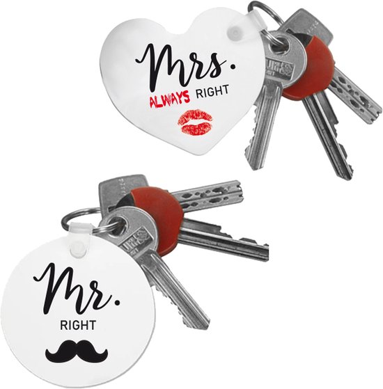 Set van 2x Sleutelhangers "Mr Right / Mrs. Always Right" - Sleutelhanger met tekst - Huwelijkscadeau - Bruiloft Cadeau - Verjaardag Cadeau