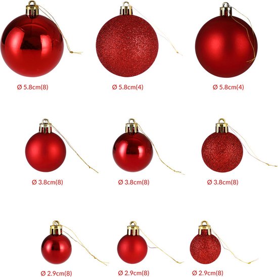 Verzameling rode kerstballen van verschillende formaten: 5.8cm, 3.8cm en 2.9cm.