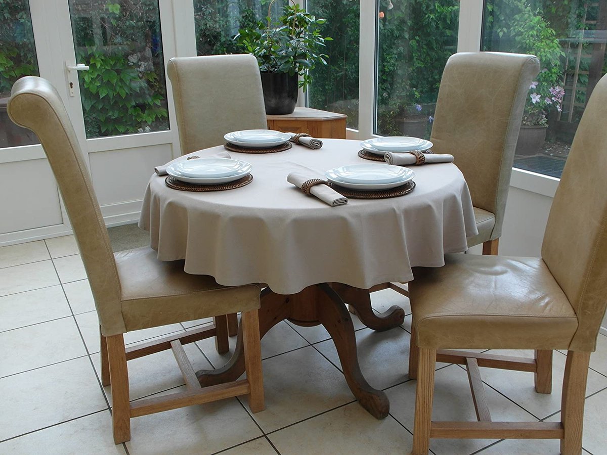 Damast Tafelkleed 'Taupe Uni', Rond 210 Cm, 100% Katoen, Belgisch Fabricaat