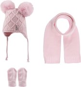 Kitti 3-Delig Winter Set | Muts (Beanie) met Fleecevoering - Sjaal - Handschoenen | 0-18 Maanden Baby Meisjes | K22150-01-02 - Light Pink