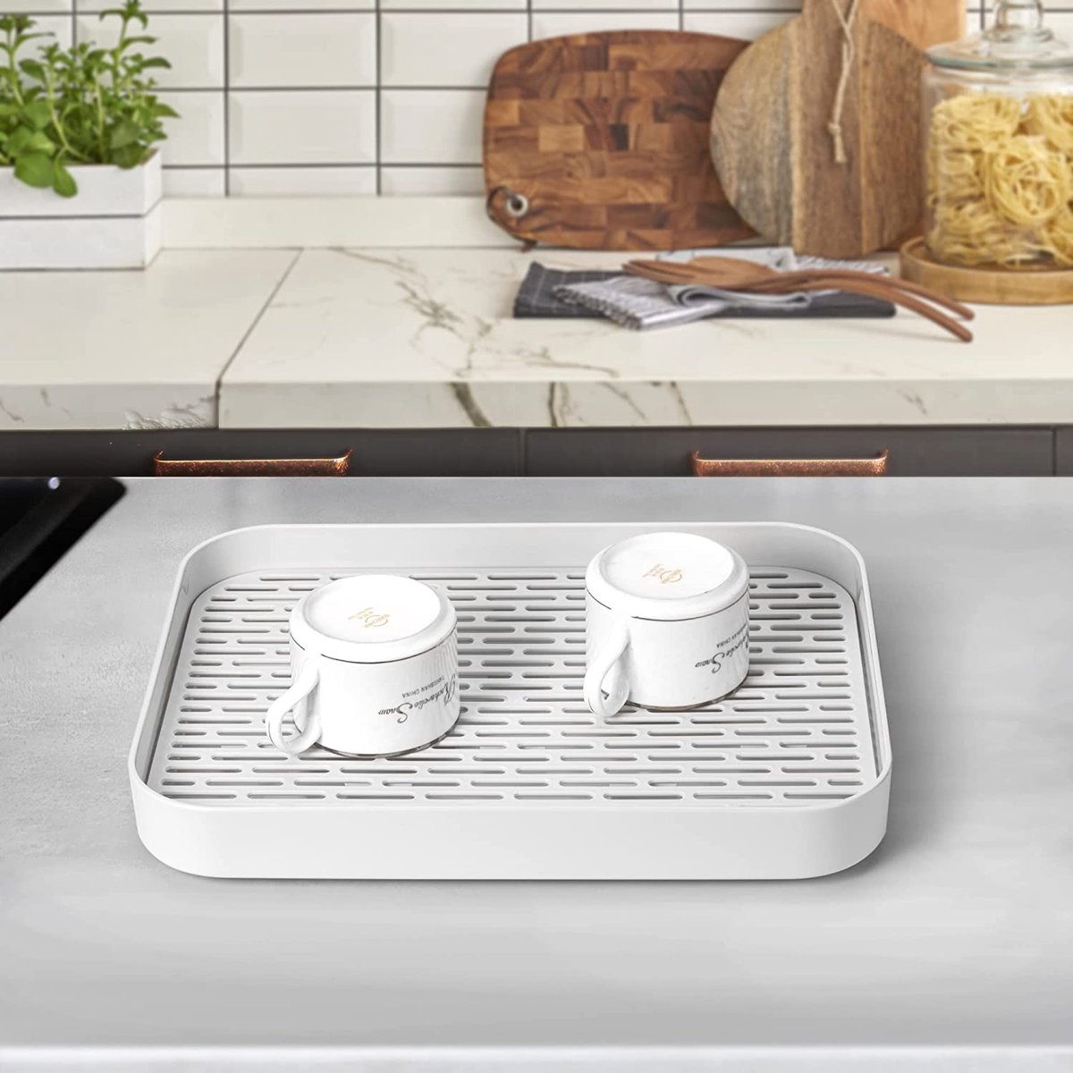 Dreamhigh® Afdruiprek voor servies, 2-traps, afdruiprek met druppelkommen, bestekhouder, bekerhouder, snijplankhouder, groot servies, afdruiprek voor 4-6 personen gezin