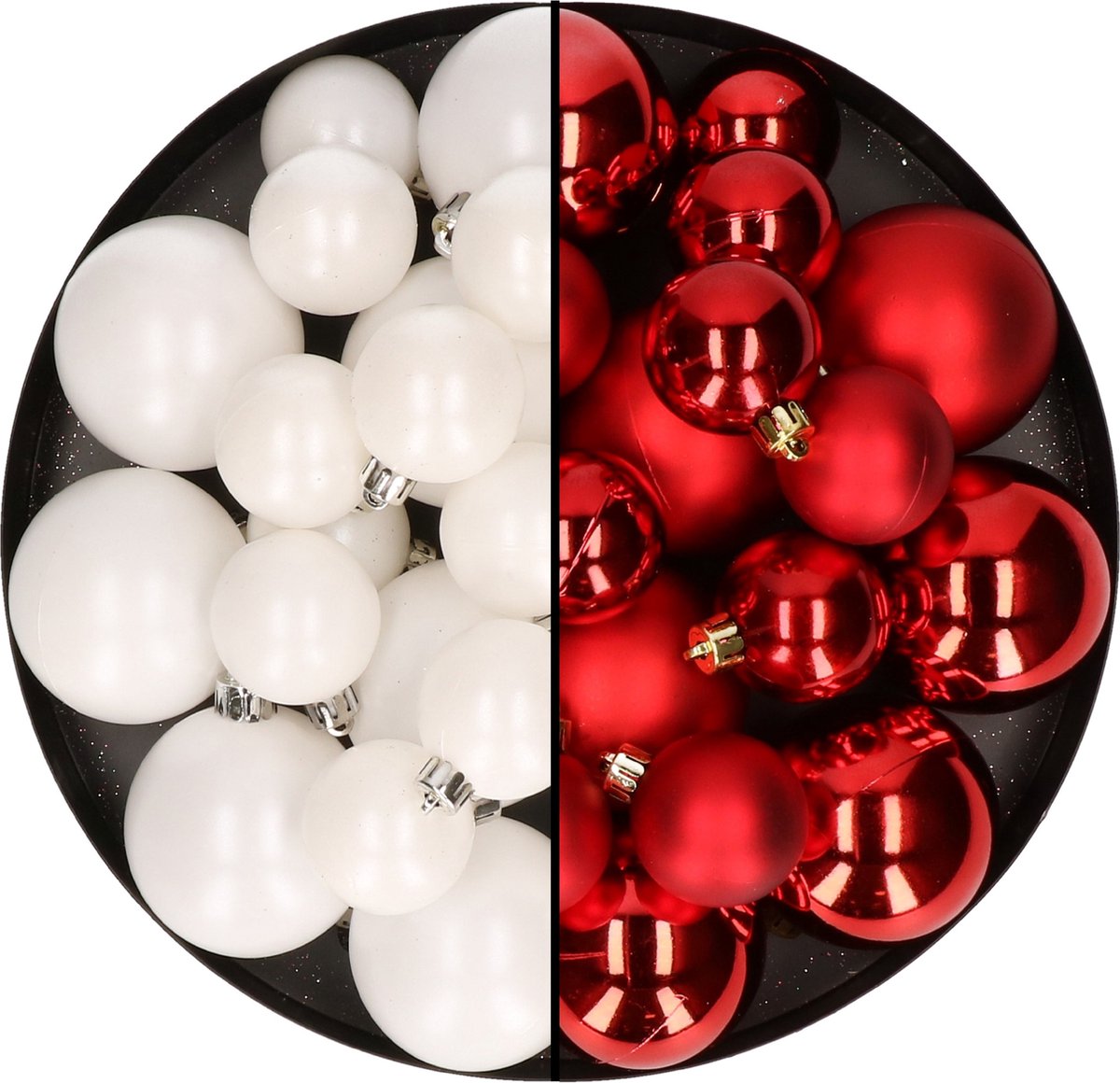 Kerstversiering kunststof kerstballen kleuren mix rood/winter wit 6-8-10 cm pakket van 44x stuks