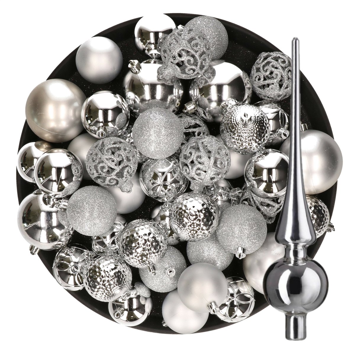 Kerstversiering kunststof kerstballen met glazen piek zilver 6-8-10 cm pakket van 39x stuks - Kerstboomversiering
