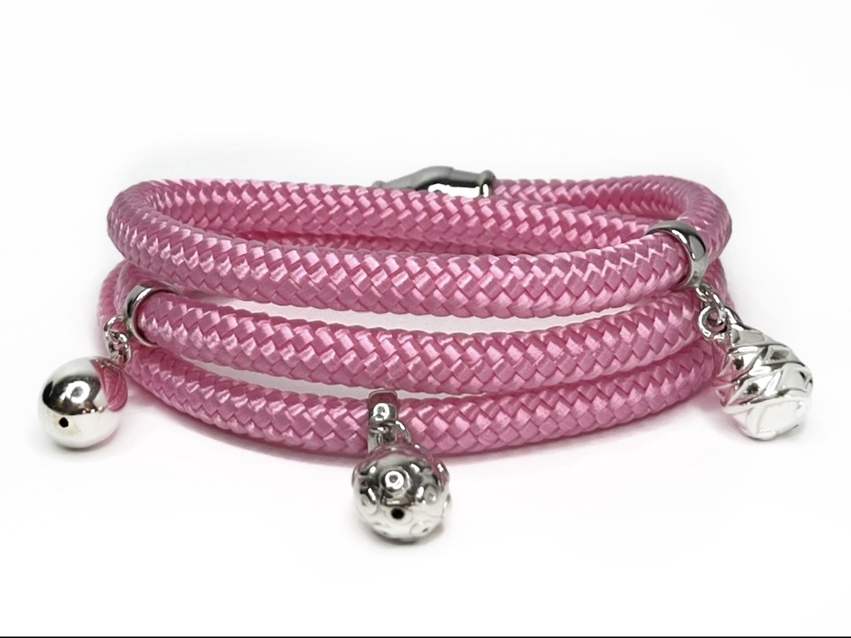 NIEUW - Jolla - dames wikkelarmband - zilver - touw - bedels - Charm Rope Wrap - Roze