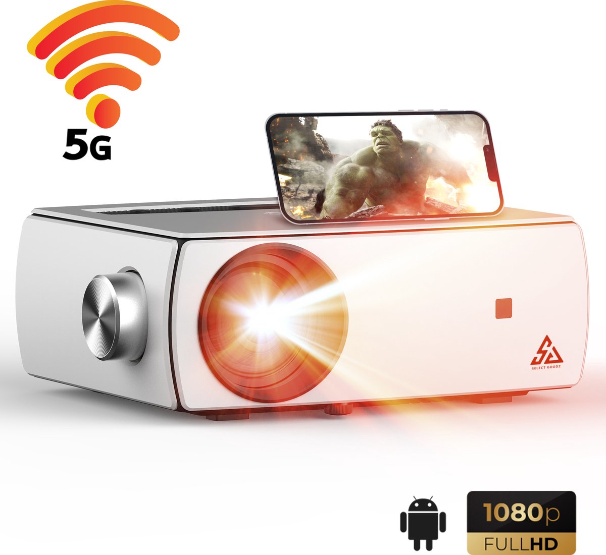 Mini Beamer – Smart Projector – Android 5G Wifi - Native 1920x1080P Full HD – 5000 Lumen