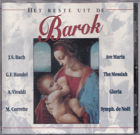 CD-hoes met 'Het Beste uit de Barok' titel, met een schilderij van de Madonna met Kind in het midden.