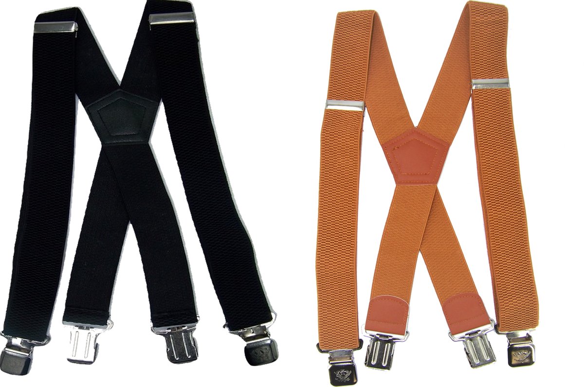Zwarte en Camel 4 clip Bretels met stevige sterke brede stalen clips Duo Pack