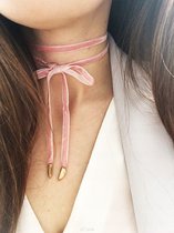 Choker ketting nekband roze met goud -  Fluweel - Zeer comfortabel om te dragen - 110 cm
