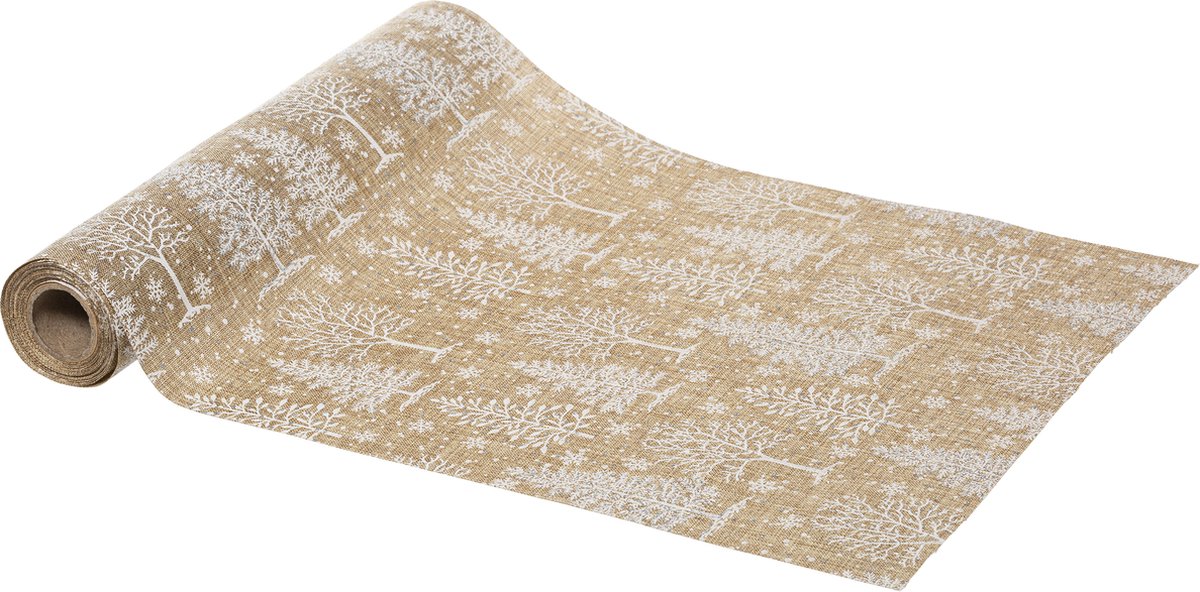 Loper tafel Kerst stof linnen met witte bosprint en pailletten - 28 x 300 cm - Tafelloper - Kerstmis