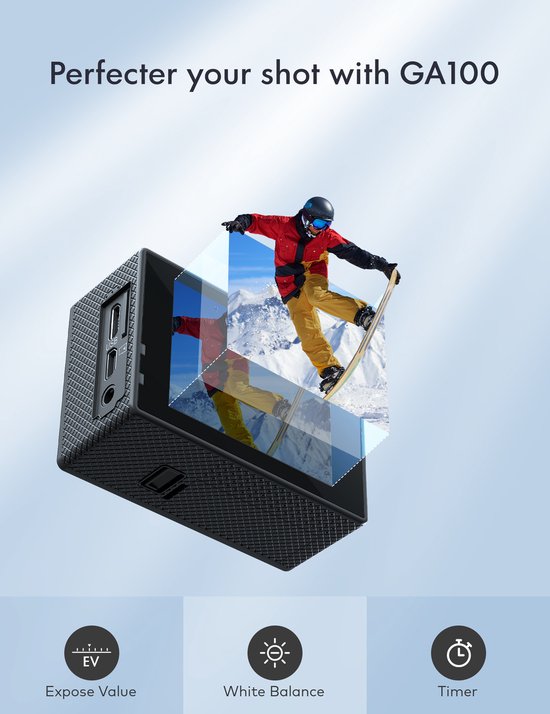 WOLFANG GA100 actiecamera met snowboarder die uit de camera springt. Biedt functies zoals belichting en witbalans.