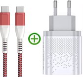 snellader 2 Poorten - 20w + USB-C kabel nylon Twisted Red edition 2m - Geschikt voor Samsung - Oneplus - Google Pixel - iPhone 15