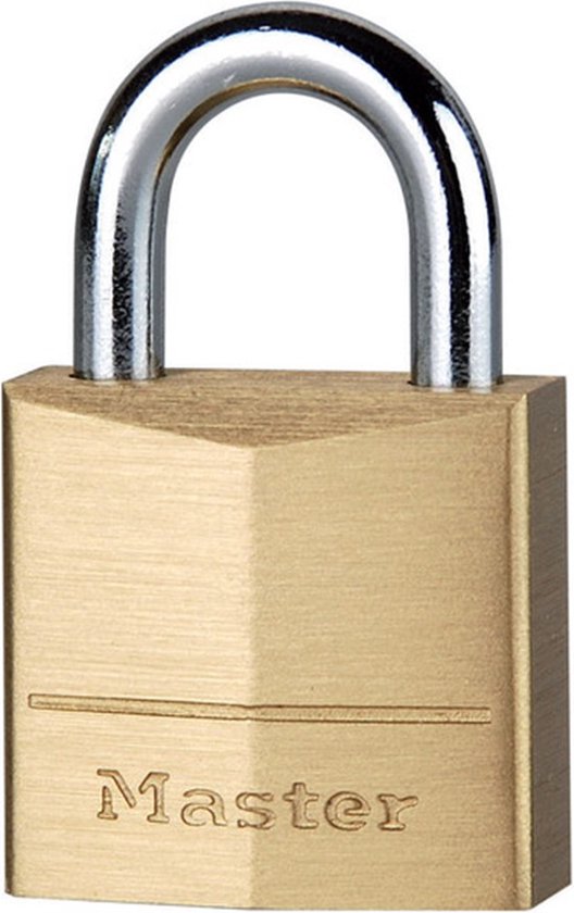 Messing hangslot van Masterlock met een zilverkleurige beugel.