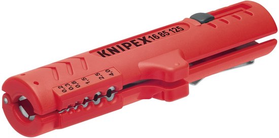 Rood Knipex universeel stripgereedschap met merknaam en maataanduidingen voor kabeldiameters.