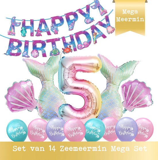 Snoes - Cijfer Folie Ballon - 5 Jaar Ballon - Zeemeermin Mermaid Mega pakket inclusief Slinger - Verjaardag - Meisje - Birthday Girl - Happy Birthday - Verjaardag 5 Jaar