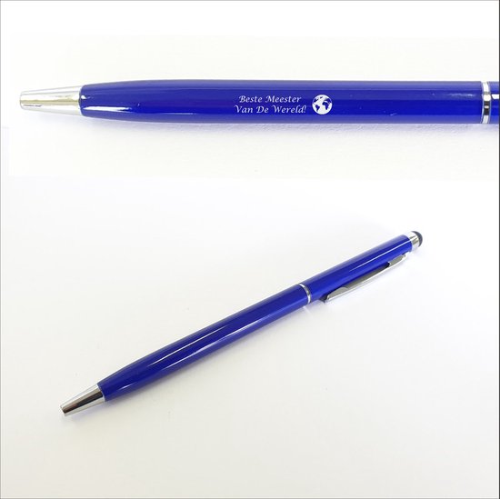 Stylo bleu avec détails argentés et gravure 'Meilleur Maître du Monde!'