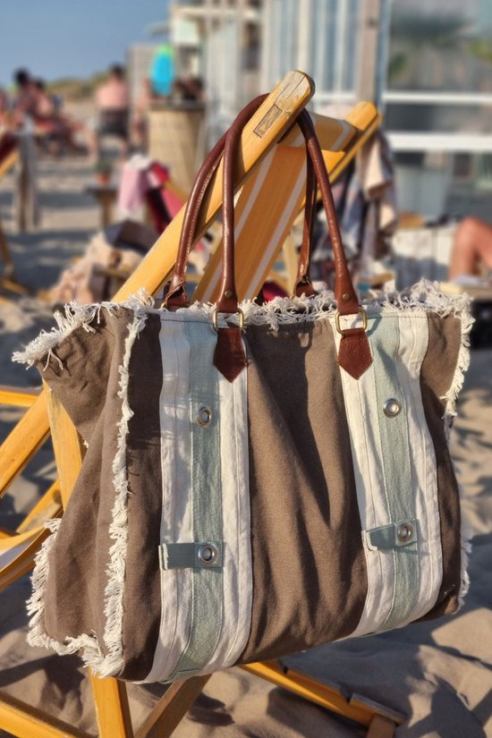 ZusenZomer Katoenen grote strandtas met rits - shopper - dames weekendtas -  reistas handbagage XL met binnenvak - leren hengsels - zeer stevig  - bruin