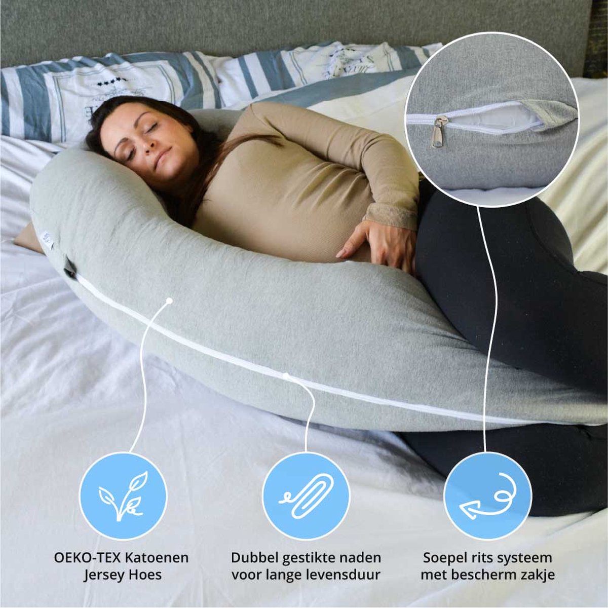 Ella Zwangerschapskussen XXL J-vorm - Voedingskussen - Zijslaapkussen - Lichaamskussen - Body Pillow - Afneembare Jersey Katoenen Hoes - 155x80cm - Lichtgrijs