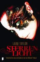 Boekomslag Sterrenlicht met close-up van gezicht met masker van veren en glitter.