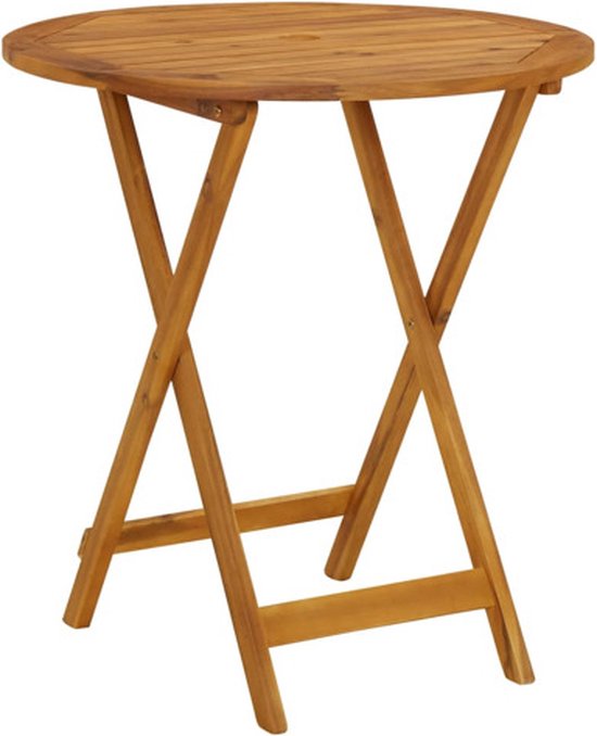 Houten klaptafel, rond tafelblad met latten, X-vormige poten, in geopende positie.
