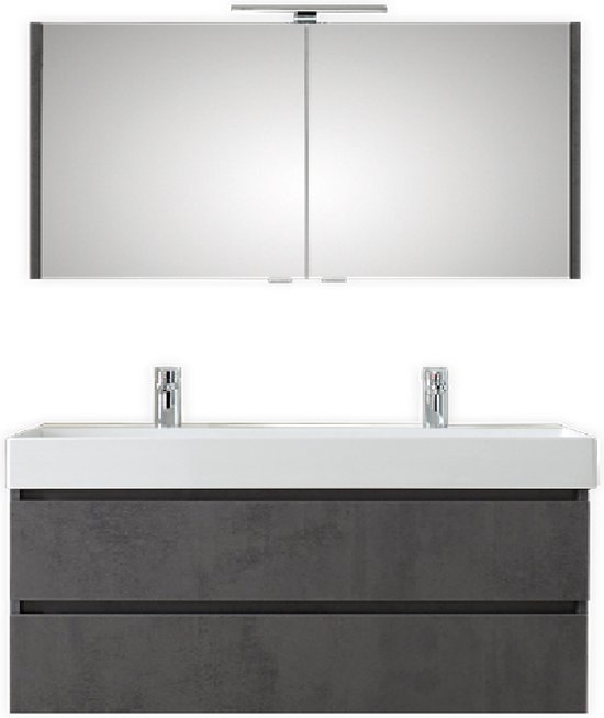 Modulo Badkamermeubel Met Wastafel | 120 Cm Grijs Eiken Kader Front Keramiek 2 Lades Onder Elkaar 85580