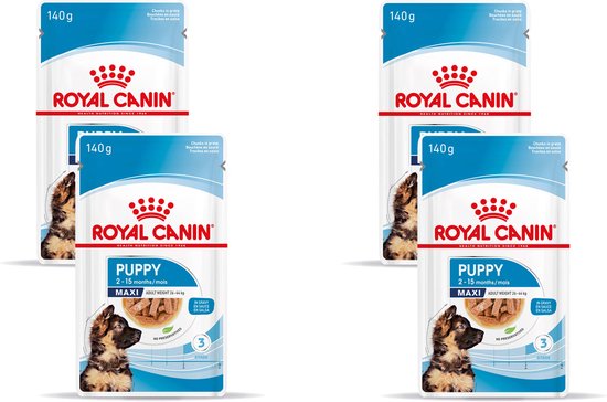 Vier verpakkingen Royal Canin Maxi Puppy natvoer in saus, 140g elk.