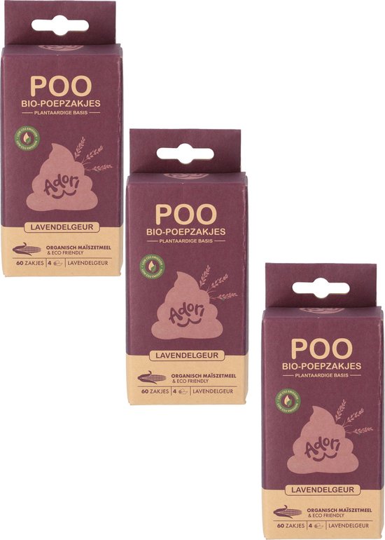 Adori Poo Bio- Poo Sacs à déjections canines - Dog Poo Bags - 3 x 22x32 cm 60 pcs Parfum Lavande