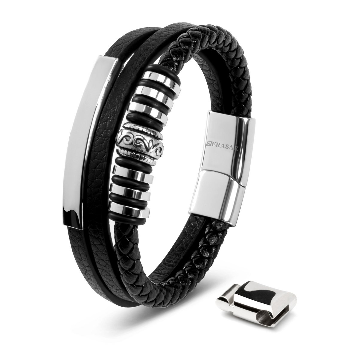 SERASAR Lederen Armband Heren [Shine] - Zilver 23cm - Onvergetelijk Cadeau voor Hem