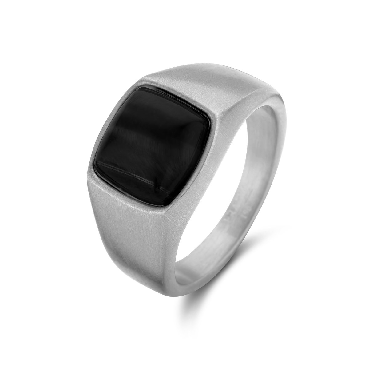 Frank 1967 7FR-0011-66 Stalen Ring met Steen - heren - Agaat - 9,8 x 9,3 mm - Zilverkleurig Staal - Maat 66 - Zwart