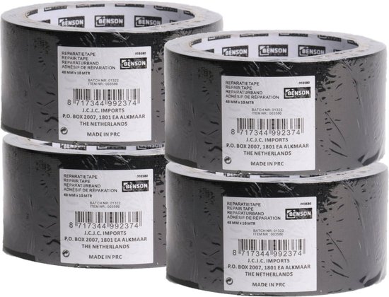 Benson ducttape/ reparatietape - 4x rollen - universeel - zwart 10 meter