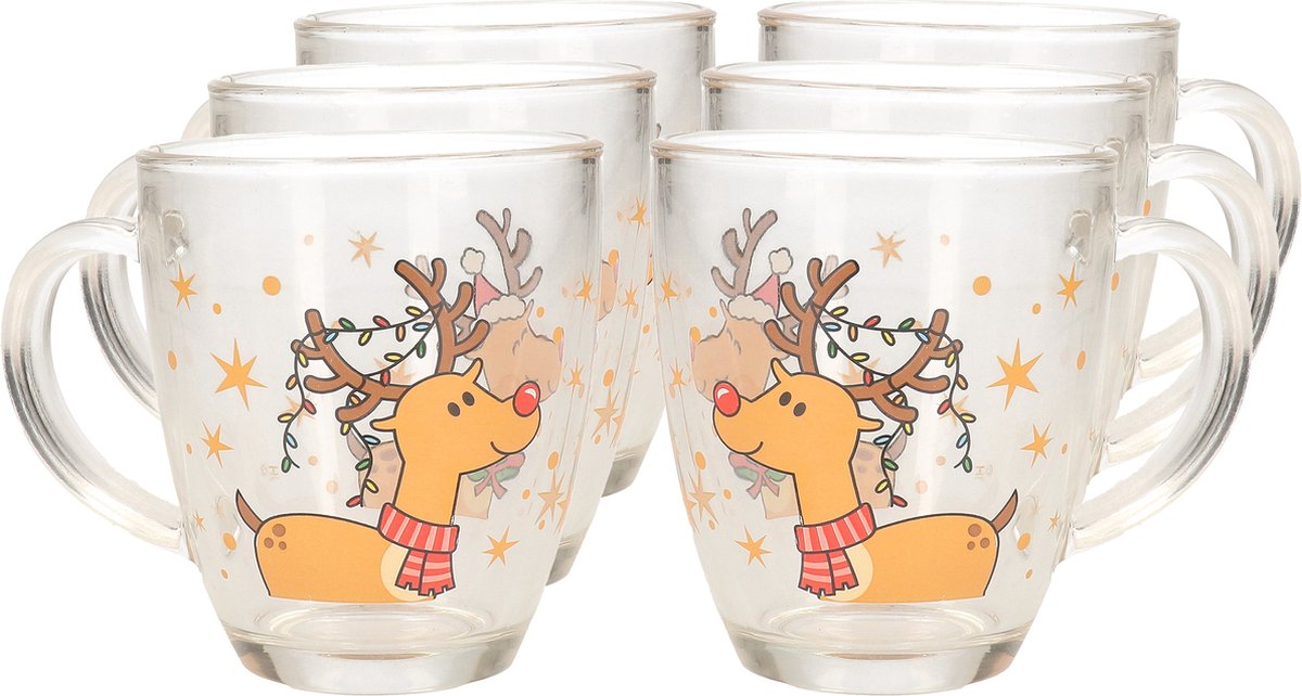 Kerst mok/beker van glas 6x stuks 300 ml met rendier