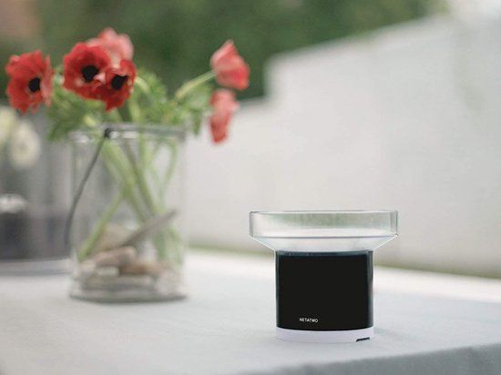 Netatmo Slimme Regenmeter op een tafel in de buurt van een vaas met rode bloemen.