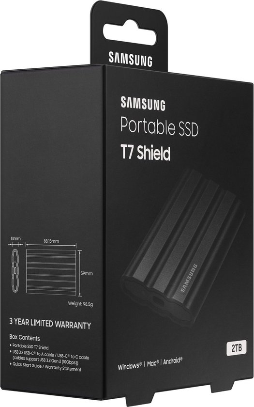 Zwarte Samsung Portable SSD T7 Shield in verpakking, met afmetingen, gewicht, inhoud en compatibiliteitslogo's.