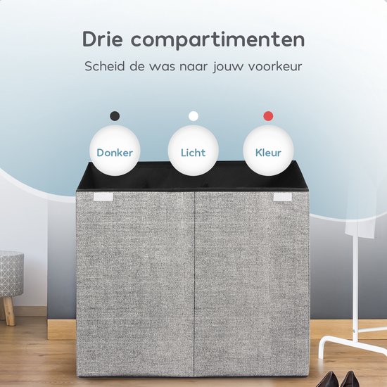 Zonovi Wasmand – Drie Vakken Met Deksel – 3 in 1 Wasmand - Sorteer Wasmand - Opvouwbaar – Wassorteerder – Dichte Wasmand - Dubbele Wasmand – Laundry Basket – Wasbox – Organizer Kleding - Stof – Grijs – 110L