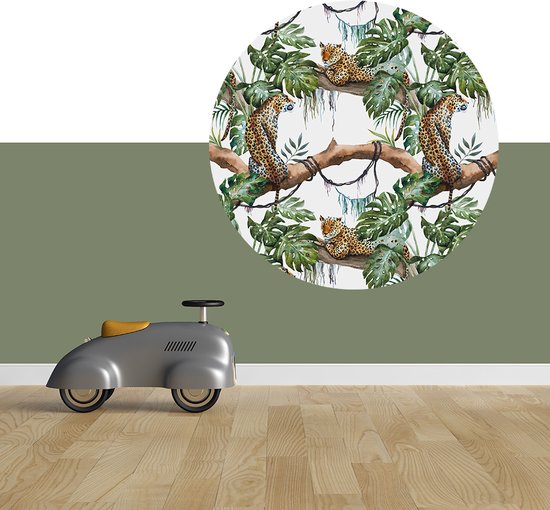 Muurcirkel jungle - Ø 100 cm - Dieren - luipaard - wit - Muurcirkel binnen - Wanddecoratie - Forex - Babykamer en kinderkamer