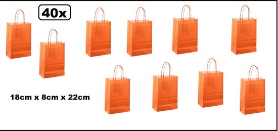 40x Koordtas papier oranje 18cmx8cmx23cm - goodiebag|papieren|draagtas|tas|koord|festival|kado|themafeest|party|geschenken