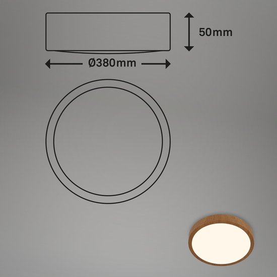 Technische tekening van een ronde LED plafondlamp met afmetingen Ø38cm en 50mm
