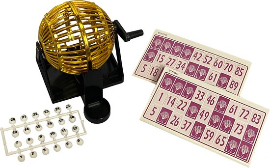 Afbeelding van het spel Complete bingo set! - Bingomolen - Inclusief 12 bingokaarten - Lotto - 99 balletjes - Bingospel met molen - 12 x 12 cm - Goud / zwart