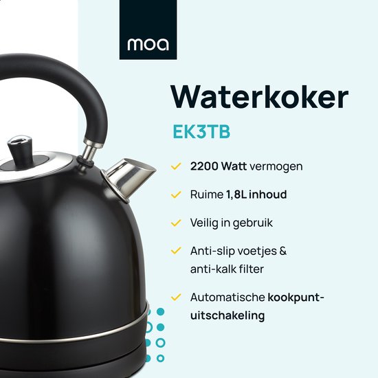 MOA Waterkoker Retro - 2200 Watt - 1,8 Liter - RVS - BPA-vrij - Elektrisch - Zwart - EK3TB