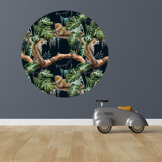 Muurcirkel Jungle - Ø 100 cm - zwart - Dieren - luipaard - Muurcirkel binnen - Wanddecoratie - Forex - Babykamer en kinderkamer