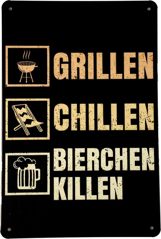 Wandbord - Grillen en chillen - Metalen wandbord - Mancave - Mancave decoratie - Bar decoratie - Retro - Metal sign - Tekst bord - Decoratie - 20 x 30cm - Decoratie - Wandborden - Metalen borden - UV