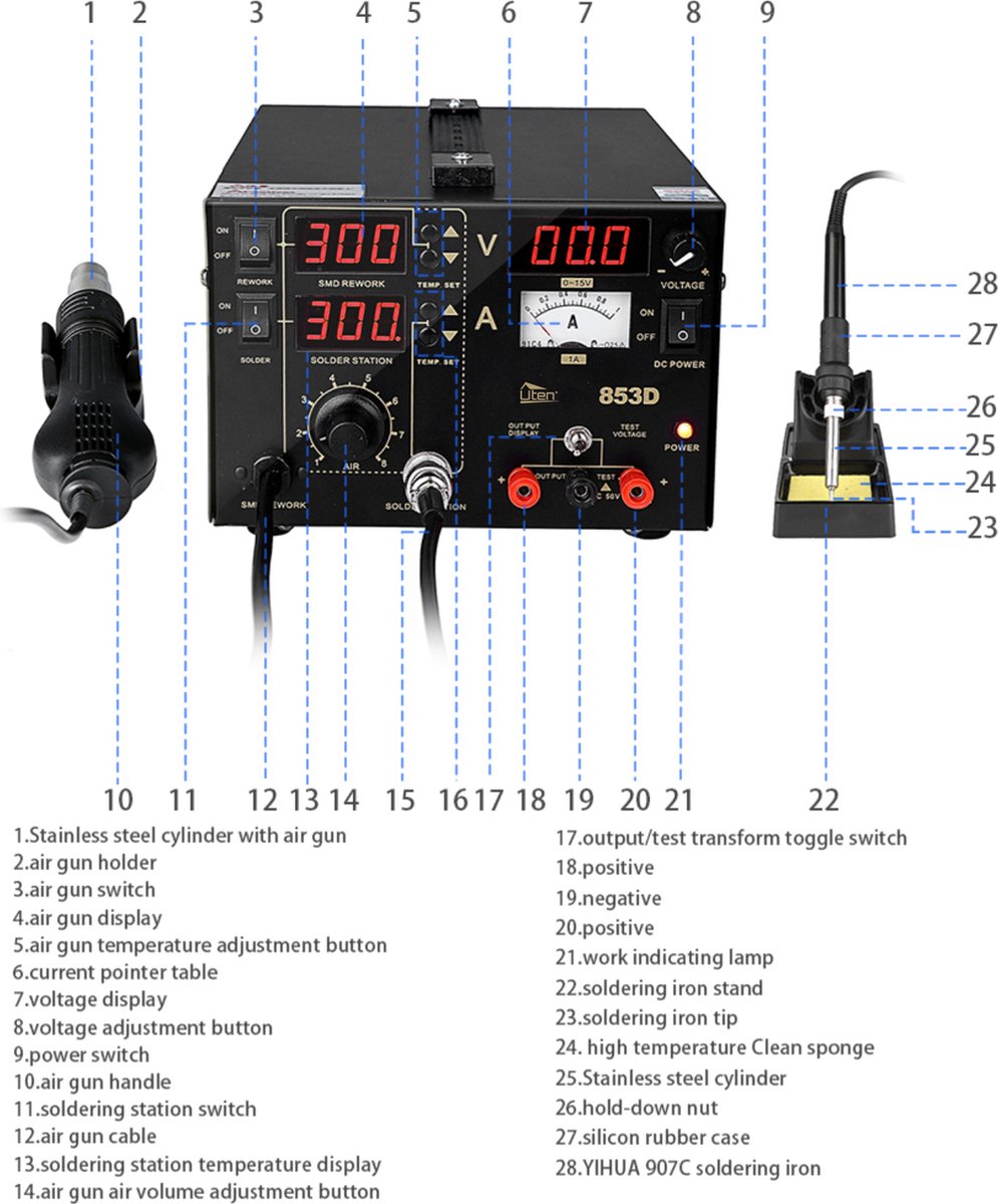 Uten 853D 3in1 Soldeerstation Digitaal - 760 W - Heteluchtpistool - 100 ~ 480°c - Soldeerbout - 200-480°C - Voor Smd Componenten – foto 8