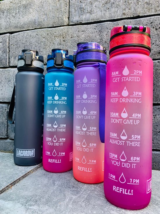 LaCardia Motivatie Waterfles blauw roze - 1 liter drinkfles - Waterfles met tijdmarkering - blauw + roze