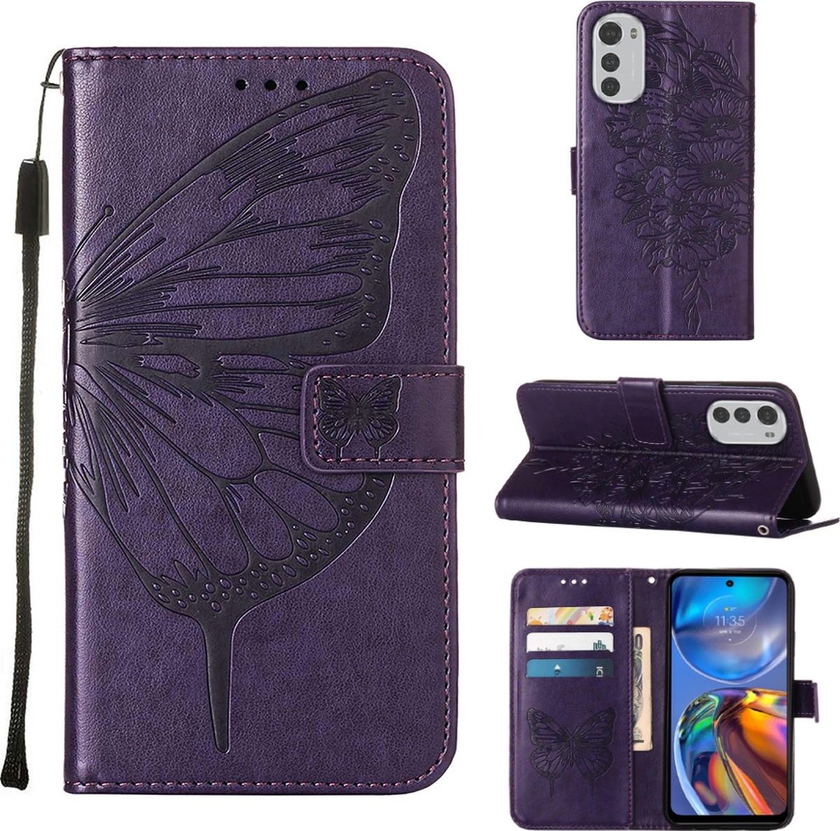 Mobigear Telefoonhoesje geschikt voor Motorola Moto E32s Hoesje | Mobigear Butterfly Bookcase Portemonnee | Pasjeshouder voor 3 Pasjes | Telefoonhoesje voor Pinpas / OV Kaart / Rijbewijs - Paars