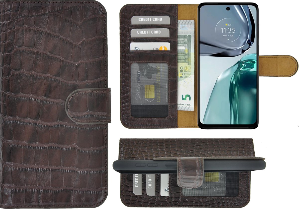 MoDo hoesje Geschikt voor Motorola Moto G62 5G - Leer Book Case - Croco chocoladebruin