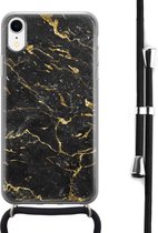 Hoesje met koord - Geschikt voor iPhone XR - Marmer zwart goud - Verstelbaar zwart koord - Zwart, Transparant - Marmer - Leuke Telefoonhoesjes