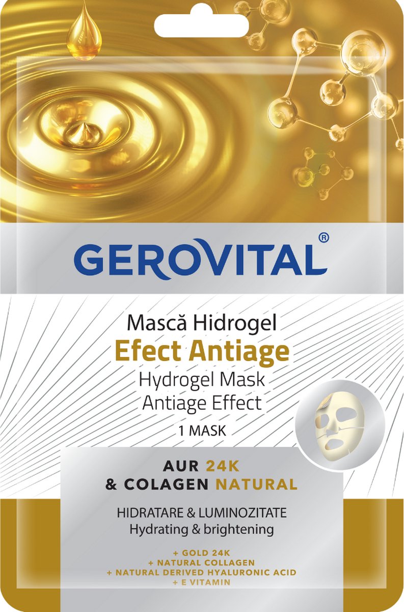 Gerovital Gold Hydrogel-masker, anti-aging effect, hydratatie en helderheid met natuurlijk collageen, hyaluronzuur en vitamine E - DermoScience Cryo Effect – Ademende laag & stof & hydrogel