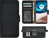 Motorola Moto G42 Hoesje - Bookcase - Moto G42 Hoesje Book Case Wallet Echt Leer Croco Zwart Cover